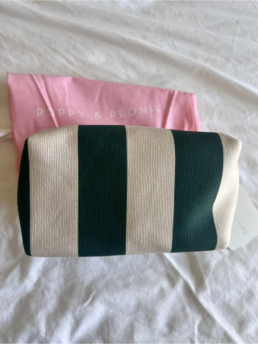 Poppy & Peonies Dark Green and Cream Striped Canvas Cosmetic Case